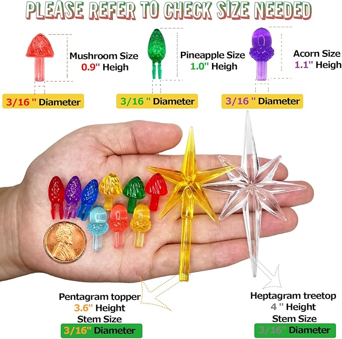 Ceramic Christmas Tree Replacement Lights Bulbs/130Pcs Medium Tree Pegs Accessories Including Mushroom/Acorn/Pineapple & 4 Pcs Toppers Stars (Pentagram and Heptagram)