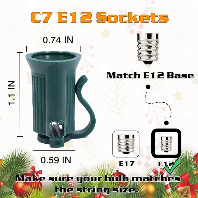 C7 Green Sockets String - 50FT 12" Spacing - Outdoor Christmas Stringer Set