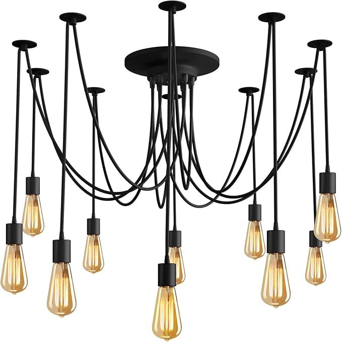 Fuloon Vintage Edison Multiple Ajustable DIY Ceiling Spider Lamp Light Pendant Lighting Chandelier Modern Chic Industrial Dining with Romote Control (10 Head Cable 200cm/78.7inch) (10 Head)