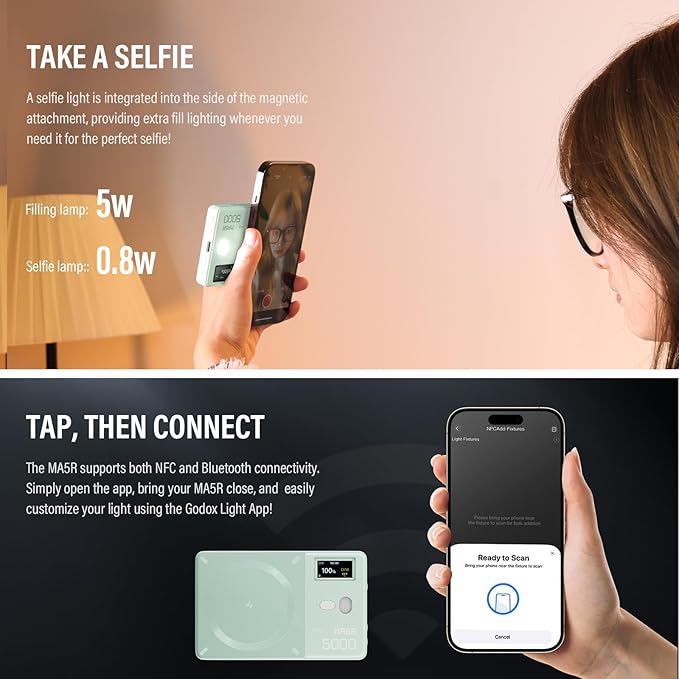 GODOX MA5R LED Fill Light with Soft Diffuser Magnetic Charging Phone Selfie Lighting Mini on Camera Lights 1800K-10000K 14 FX Modes for Selfies, YouTube, TikTok, Vlogging, Video Conferences (Green)