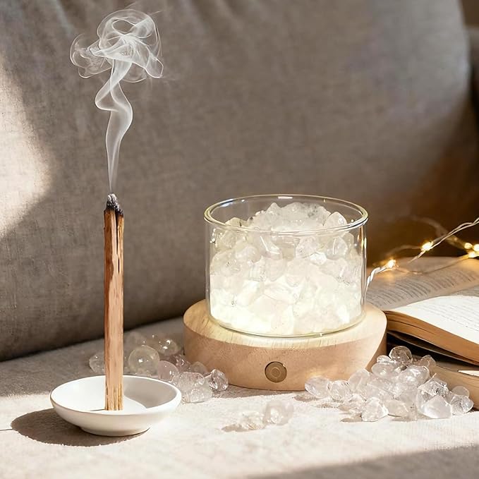 Quartz Crystals Lamp with Wooden Base & Palo Santo for Energy Cleansing, Spiritual Gift for Women, Chakra Light for Meditation Reiki Yoga Birthday Healing Crystals Home Office Decor Bedroom
