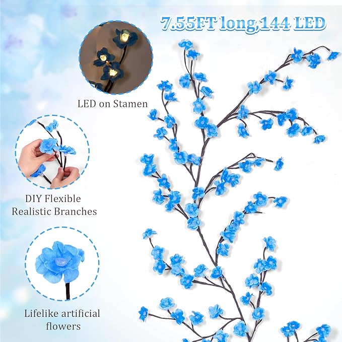 7.55 FT 144 LED Blue Cherry Enchanted Willow Vine Lights,Cherry Blossom Light with Remote Timer,8 Lighting Modes,LED Tree Branch Lights for Wall,Cherry Blossom Wall Decor for Bedroom Living Room