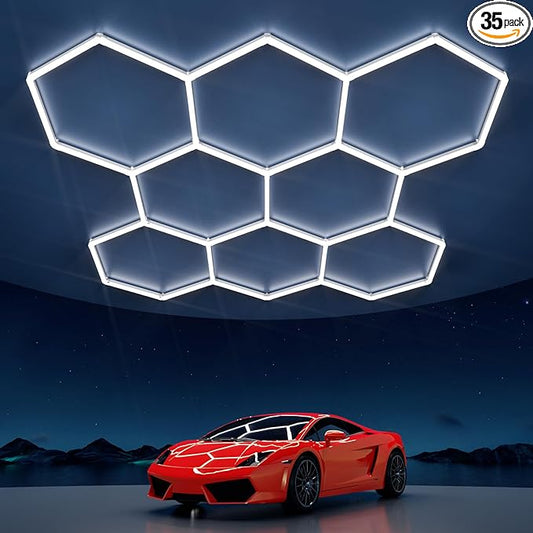 Hexagon Garage Lights: 245W 35 Pack 8 Grids LED Garage Lights - Easy Install 6500K Super Bright Honeycomb Light for Warehouse, Car Detailing Shop, Exhibition Hall, Gym
