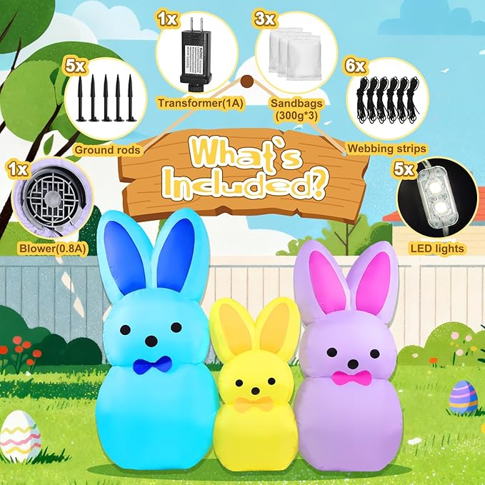 7FT Easter Bunny Inflatables Outdoor Yard Decoration LED Lighted Blow Up Colorful Triple Rabbit for Lawn Garden, Indoor Outdoor Inflatable Decor for Easter Party & Egg Hunt