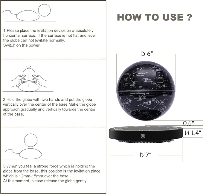 Levitating Globe Magnetic Floating Globe Night Light Constellation Ball with LED Light Display Cool Tech Children Educational Gift Home Office Desk Decor (Black-Clock Base)