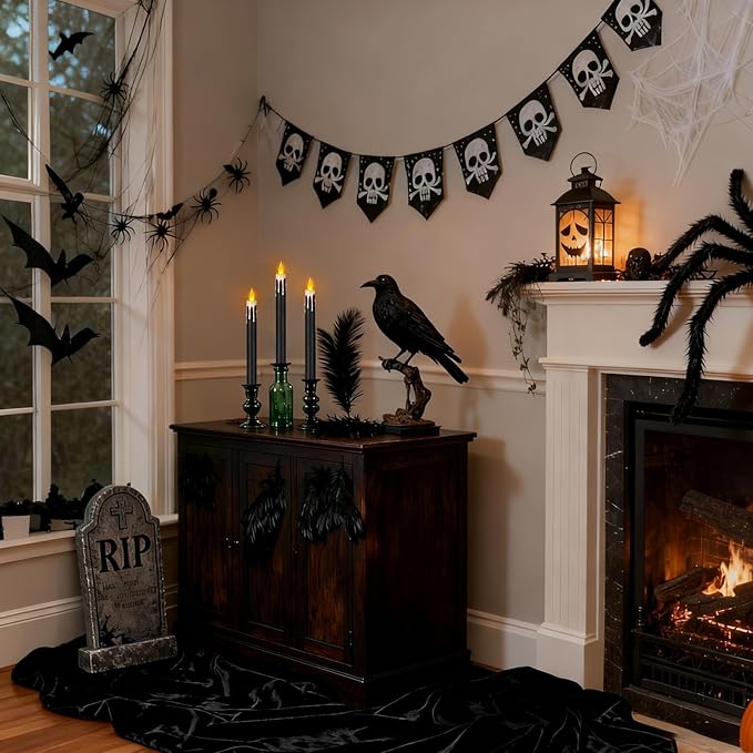 Flameless Taper Candles 10.6" Dripless Battery Operated Taper Candles Included Remote Timer 400+ Hours by 2AA Batteries for Halloween Christmas Wedding (Black+White, 24 Pack)