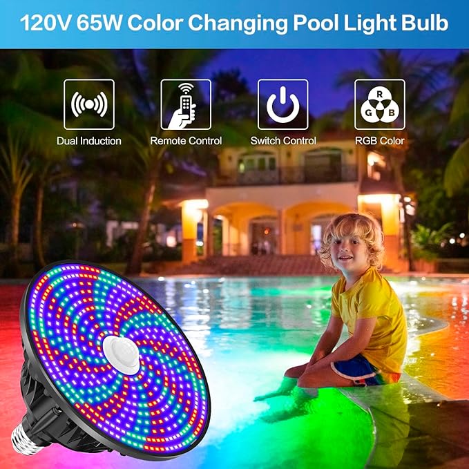 CEDIO Led Pool Lights for Inground Pool, 65W RGB Color Pool Lights Bulb with Remote Control, Pool Light Bulb for Inground Pool, E27 Replacement for Pool Light Fixture (Black)