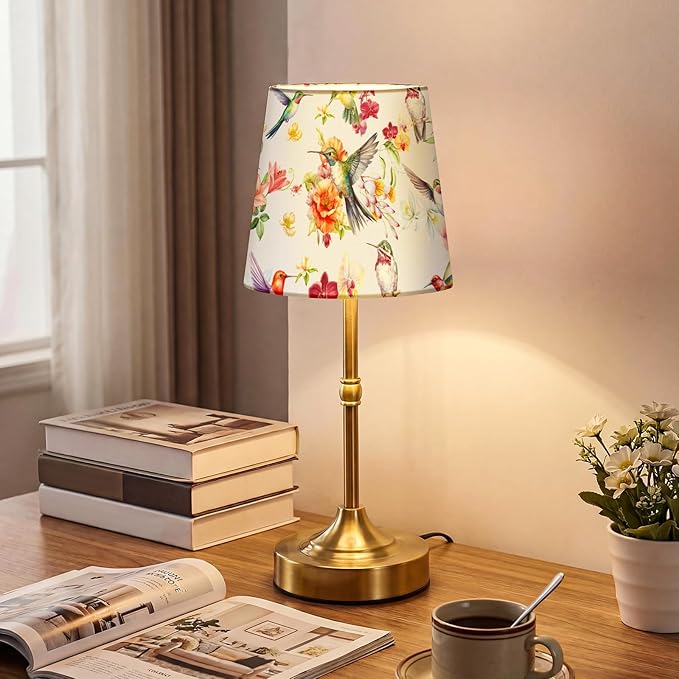 Cordless Table Lamp for Bedroom Bedside Bird Floral Linen Lampshade with Rechargeable Table Lamp Hummingbird Flower Desk Light for Farmhouse Boho Vintage Nightstand Living Room Home Decor