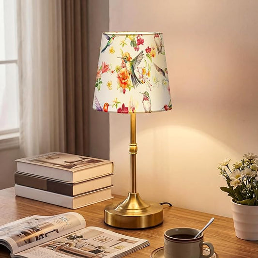Cordless Table Lamp for Bedroom Bedside Bird Floral Linen Lampshade with Rechargeable Table Lamp Hummingbird Flower Desk Light for Farmhouse Boho Vintage Nightstand Living Room Home Decor