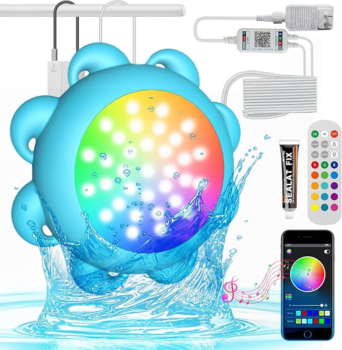 Rechargeable Pool Lights,LED Pool Lights with APP & Remote Control,20W RGB Dimmable Smart Underwater Lights with Timer,IP68 Waterproof Music Sync for Aboveground Inground Pools 33ft Cord (RGB-10W)