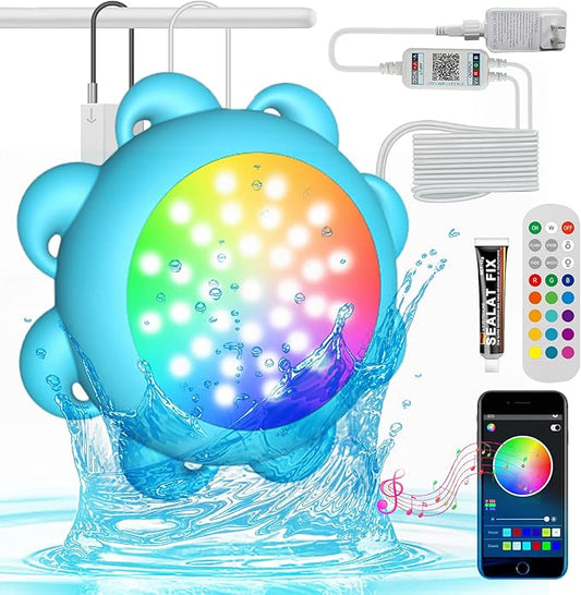 Rechargeable Pool Lights,LED Pool Lights with APP & Remote Control,20W RGB Dimmable Smart Underwater Lights with Timer,IP68 Waterproof Music Sync for Aboveground Inground Pools 33ft Cord (RGB-10W)