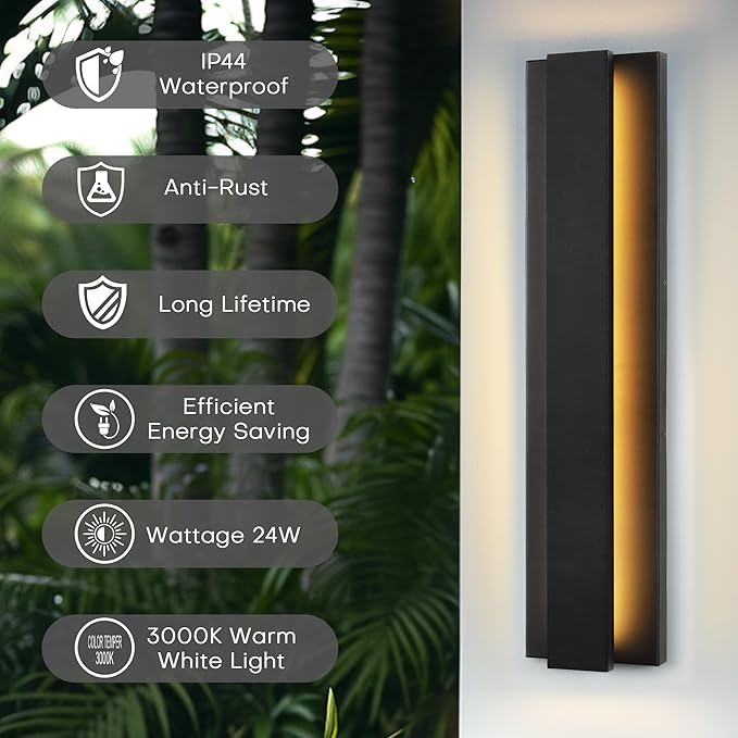 LamQee 23.6 Inch Modern Outdoor Wall Light Exterior Lighting Fixtures, 3000K 24W LED Contemporary Outdoor Sconces Wall Lighting, Matte Black Outside Wall Mount Lights for House Garage Porch Patio Door