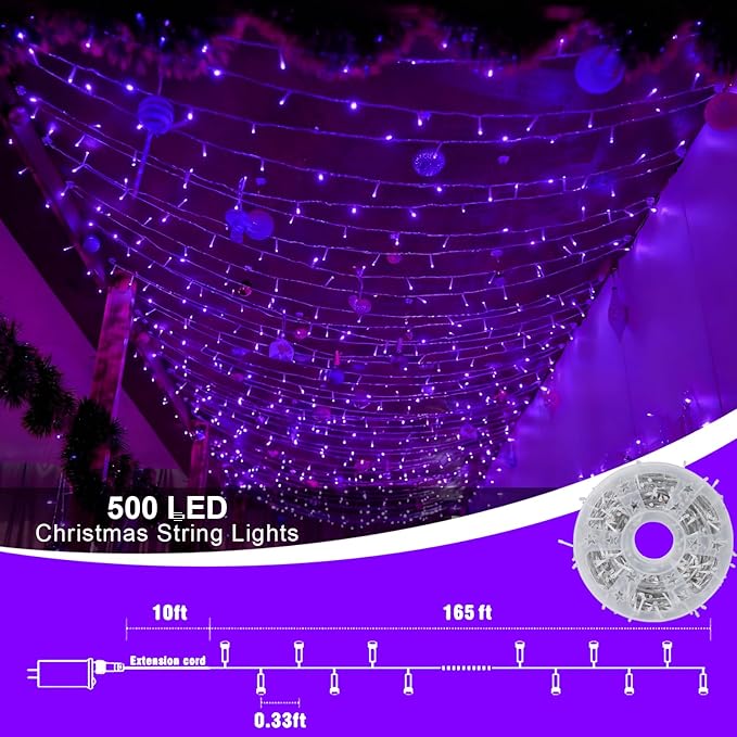 QITONG 165ft 500 LED Purple String Lights Outdoor, Clear Wire Christmas Lights with 8 Modes, Twinkle Xmas Lights Indoor Plug in