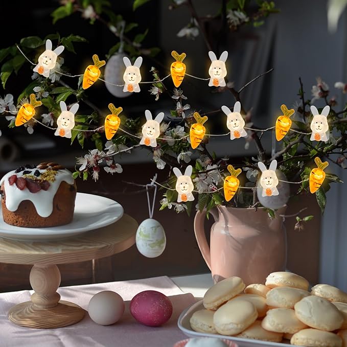 EAMBRITE Set of 2 Easter Lights for Easter Decorations 10Ft 60 LED Easter Fairy Lights Eggs Chick & Carrot Bunny String Lights Battery Operated Set with Timer for Spring Indoor Decor Home Party Tree