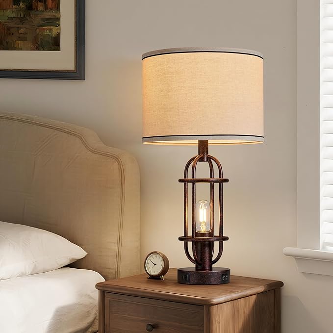22.3" Table Lamps for Living Room Set of 2, Farmhouse Lamps for Nightstand, Vintage Table Lamps for Bedroom with USB Ports, Bulbs Included