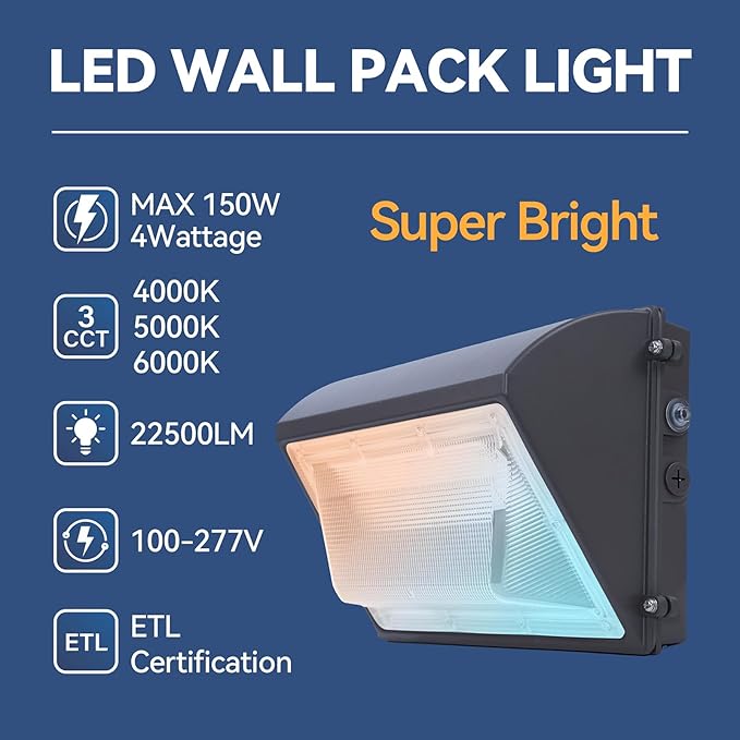 150W LED Wall Pack Light with Photocell 6Pack, 4000/5000/6500K 3CCT, 80/100/120/150W Selectable, Commercial and Industrial Outdoor LED Wall Lights for Parking Lot Warehouses, 100-277V, ETL Listed