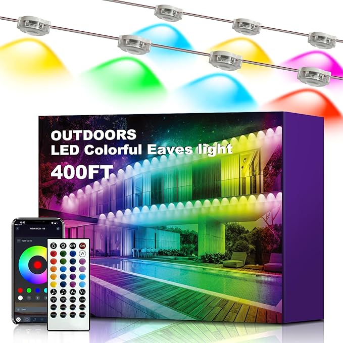 XINKAITE 400FT Permanent Outdoor Lights with 200 LEDs - Smart RGB+IC with 16 Million Colors, IP67 Waterproof, App & Remote Control, Hundreds of Modes for Holidays, Christmas & Home(2 Rolls 200FT)