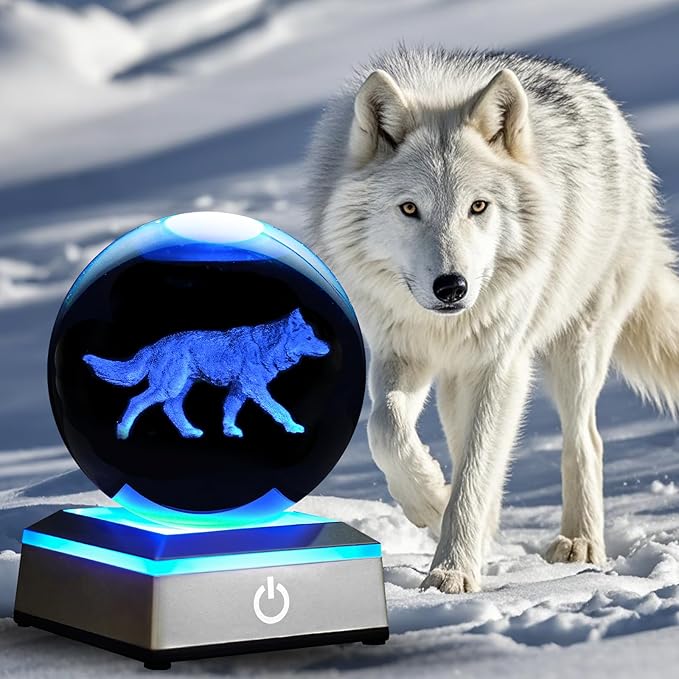3D Crystal Ball Night Light with LED Colorful Touch Base - 3.15 Inch Wolf Figurine Glass Sphere Lamp for Birthday, Christmas, Home Decor Gift