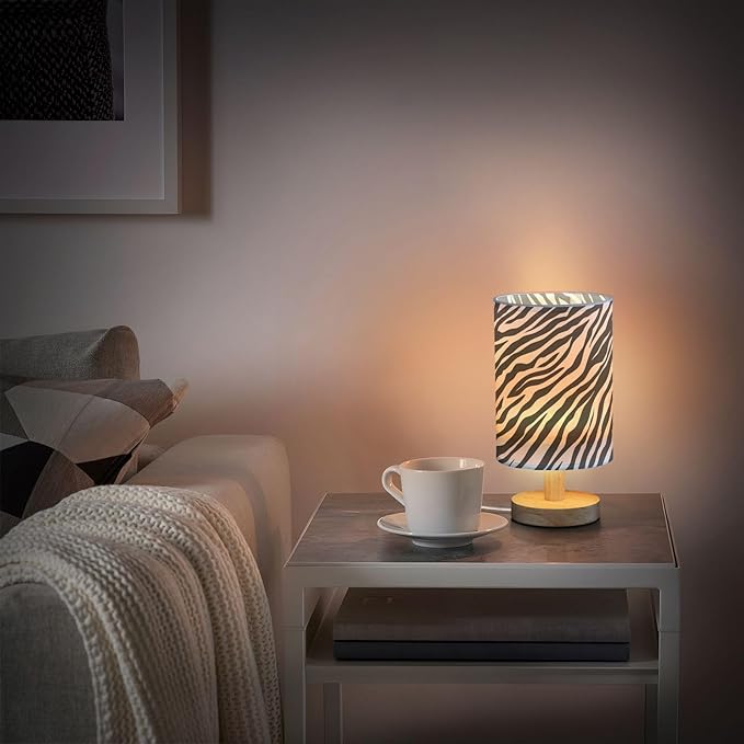 Bedside Table Lamp Zebra Animal Print Nightstand Lamp with Wood Black White Stripe Desk Lamps for Bedroom Living Room Nursery Office Home Decor