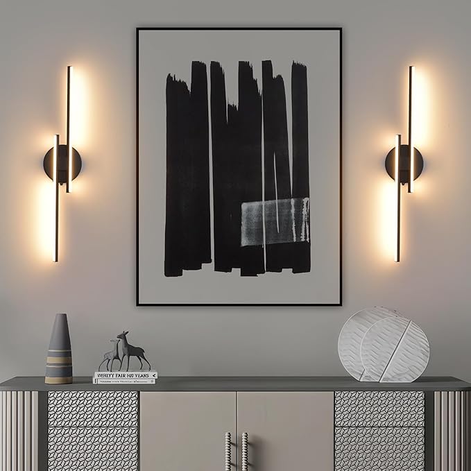 Rechargeable Battery Operated Wall Sconce Set Of Two, Black Wireless LED Wall Sconces With Remote Control, Dimmable 3 Colors Cordless wall lights for Living Room, bedroom, Hallway, 23.6 Inch ( 2pcs)