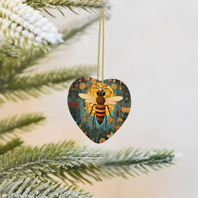Bee Sunflowers Pattern Christmas Ornaments, Christmas Decorations Xmas Tree Hanging Ornaments, Heart-Shaped Ceramic Festive Keepsake Gift for Xmas Decorations Holiday Home Party