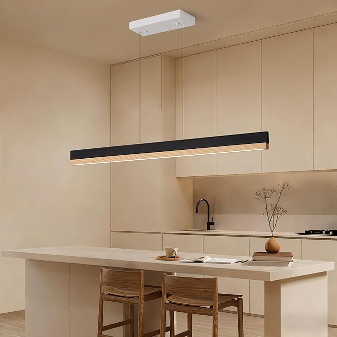 39" Wood Linear Pendant Light, Wood Dining Chandelier with Remote, 24W LED Dimmable Pendant Lights Kitchen Island, Linear Hanging Chandelier for Dining Room, Bar, Pool Table-Natural