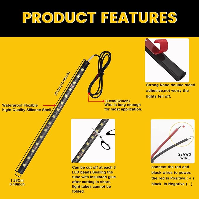 YM E-Bright Car Led Strip Lights for Golf Cart Underglow Motorcycles Marine Boat Kayak Interior Exterior 5050 Chipset 15SMD Waterproof IP67 12V,Red(Pack of 4)