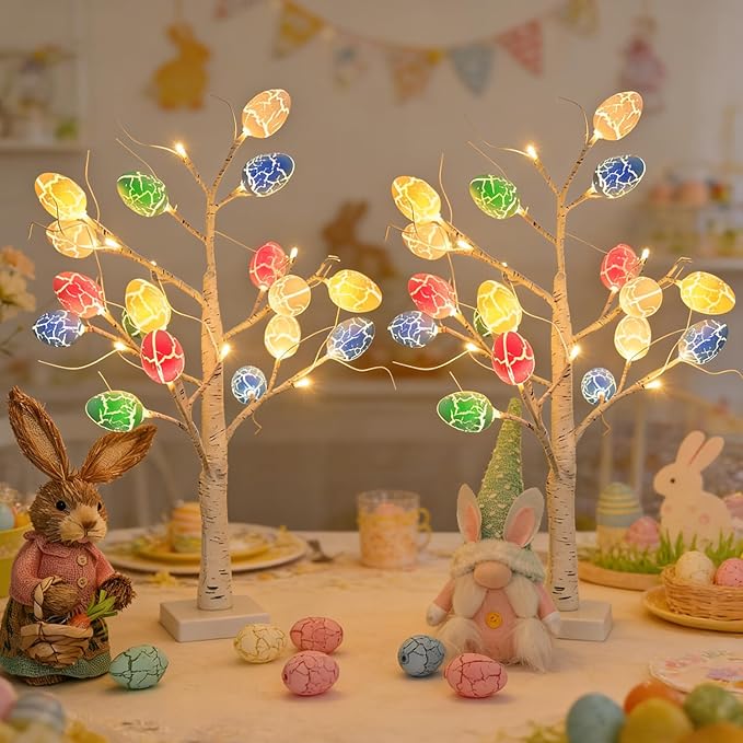 Easter Decorations 2 Pcs 24 Inch Pre-Lit White Birch Tree with 36 Eggs, 24 LED Battery Operated Tree Lights for Party, Home, Dining Table, Easter, Spring Decor