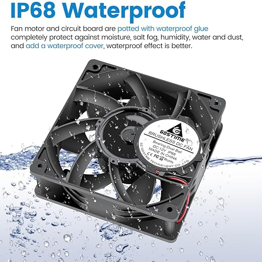 GDSTIME 120mm x 38mm 12V DC IP68 Waterproof Fan, High Speed Dual Ball Bearing Brushless Computer PC Case Exhaust Cooling Fan 2Pin for RV Refrigerator Solar Battery Box Ventilation, 2 Pack