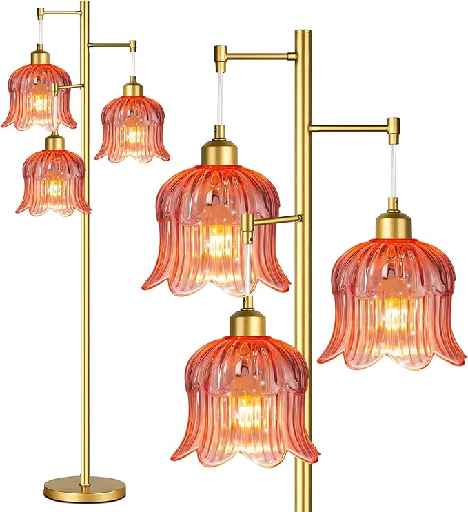 Pink Floor Lamp for Living Room,Bedroom,Gold Mid Century Modern Standing Lamp Brass Tree 3 Light Tall Floor Lamps Floor Lights Glass Flower Lamp Shade Girls Kids Boho Bohemian