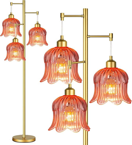 Pink Floor Lamp for Living Room,Bedroom,Gold Mid Century Modern Standing Lamp Brass Tree 3 Light Tall Floor Lamps Floor Lights Glass Flower Lamp Shade Girls Kids Boho Bohemian