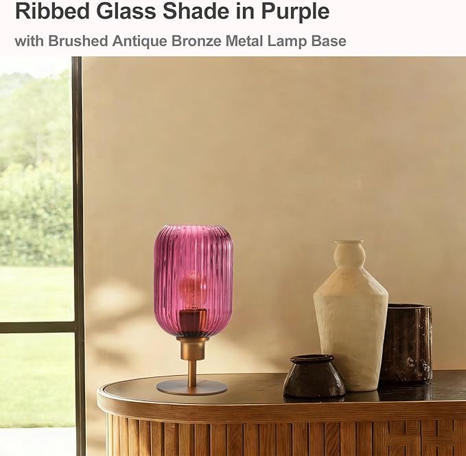 Mid Century Glass Table Lamp,Dimmable Desk Lamp,LED Bulb Included,Timer Build-in,Purple Ribbed Glass