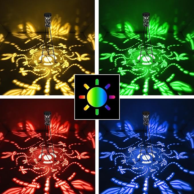 RGB Dragonfly Projection Solar Floor Lamps Outdoor, Metal Floor Light with Plant Stand,42.48" Decorative Waterproof Lighting for Garden,Patio,Porch,Yard,Deck,Black,2 Pack
