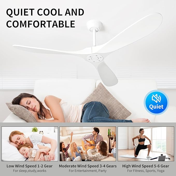 Solid Wood Ceiling Fans Without Light, 72 inch Real Wood Ceiling Fan with 6-Speeds 3 Wood Blades, Indoor Outdoor Ceiling Fans for Garage, Farmhouse, Living Room, Bedroom, Office