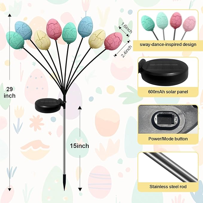 4 Pack Solar Easter Egg Lights with 32 Multicolor LED Eggs, Waterproof Colorful Solar Powered Outdoor Lights for Yard, Pathway, Porch & Patio - Easter Decorations