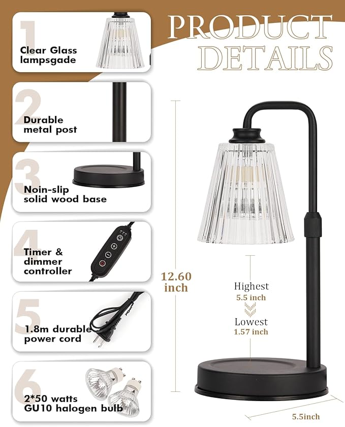 Candle Warmer Lamp With Timer Dimmable Crystal Vertical Stripe, Birthday Gifts for Women Mom, Adjustable Candle Warming Lamp with 2 Bulbs, Black Candle Lamp Warmer for Jar Scented Candles, Home Decor