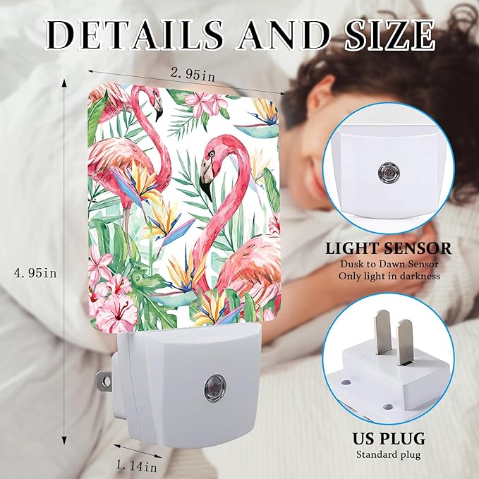 Summer Flamingo Night Light, Plug-into Wall Palm Tree Tropical Flower Nightlight Lamp with Dusk to Dawn Sensor, Led Lamp 0.5W Energy Efficient for Boys Girls Adults Home Decor