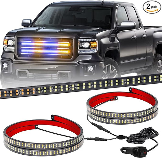 XRIDONSEN 2PCS 24 inch Amber Blue Truck Grill Emergency Lights Strip 288 LED Grille Strobe Lights Flashing Warning Safety Waterproof First Responder Lights for Firefighter Police Vehicles Fire Trucks