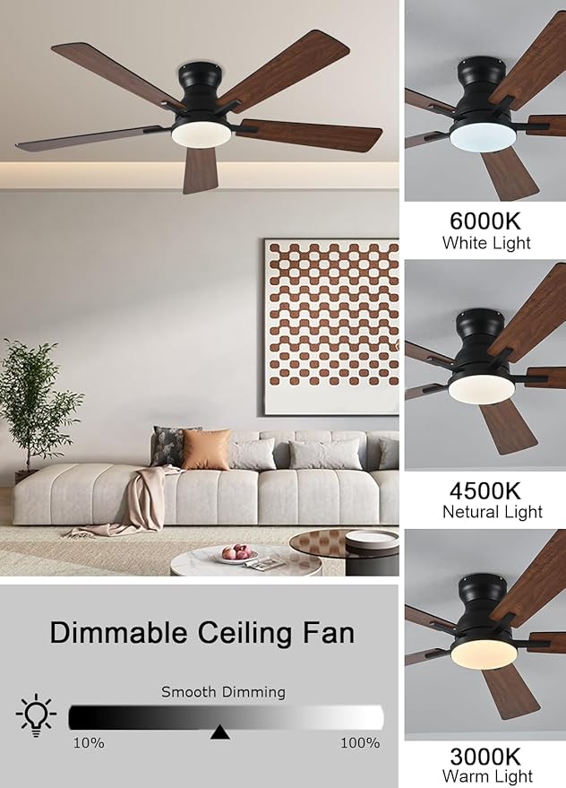 Ceiling Fans with Lights, 52Inch Low Profile Ceiling Fan with Light and Remote/App Control, Modern Flush Mount Brown Ceiling Fan, 3CCT Dimmable, Reversible DC Motor, for Living Room,Bedroom