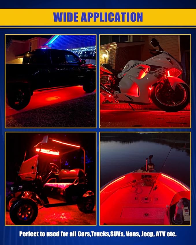 Red Car LED Strip Light,24inch 12V Interior Light Strip IP68 Waterproof Cuttable for Car Motorcycles Boat Golf Cart Truck Cargo Home Decoration with Strong Nano Tape(4PCS)