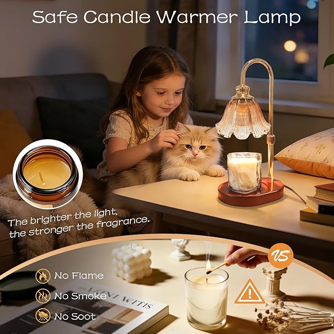 Candle Warmer Lamp with Timer: Birthday Gifts for Women, House Warming Gifts New Home Decor – Height Adjustable Candle Lamp for Mom, Anniversary - Walnut Solid Wood Base, with 2 Bulbs
