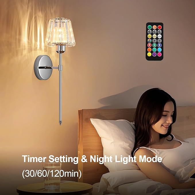 Battery Operated Crystal Wall Sconce Set of 2, Chrome Rechargeable Wireless Wall Sconces with Remote Dimmable 12 Colors Modes Led Wall Lights for Bedroom Living Room Hallway, 2 Bulbs Included