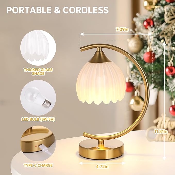 Tulip Table Lamp, 5200mAh Cordless Touch Control Table Lamp with 3 Color Temps & Stepless Dimming, Rechargeable Battery Table Lamp for Living Room, Bedroom, Office, Shelf (White Tulip)