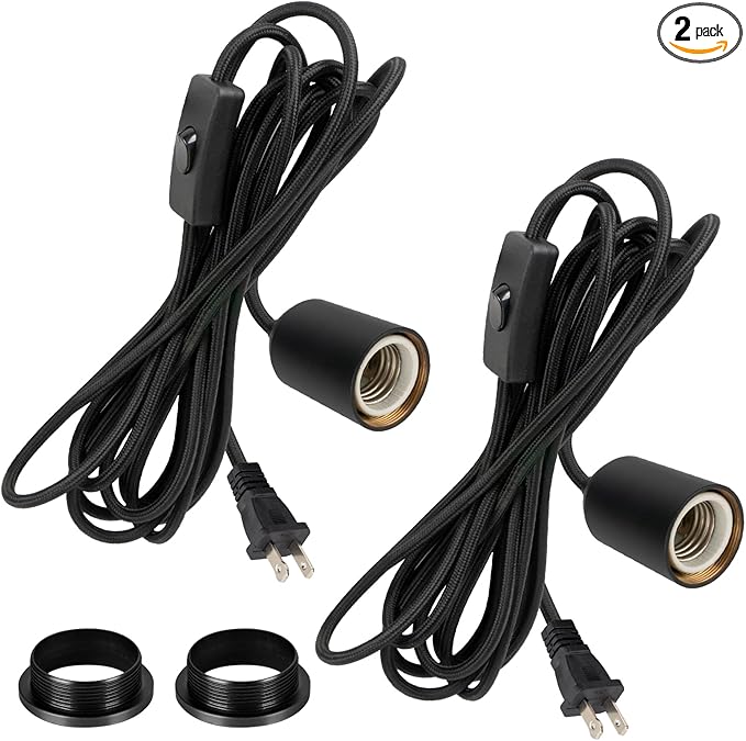 Hanging Light Cord Kit with Plug,Pendant Lamp Rope with Switch,Ceramic Bulb Socket,for DIY Lampshade Replacement Lantern Cord,Swag Lamp kit Plug in,Cloth Wrapped 15ft Black 2Set