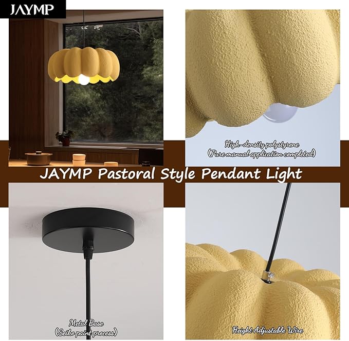 JAYMP Yellow Pumpkin Shape Pendant Light for Dining Room Kitchen Island Hallway Farmhouse Style Hanging Lamp E26 Base, 40cm/15.8in