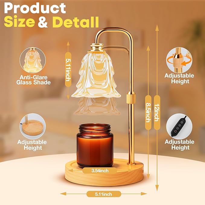 Candle Warmer Lamp with Timer and Dimmer, Electric Wax Warmers for Scented Candles with 5 Brightness Settings, Anti-Glare Lamp with Adjustable Height, Home Decor, Gift for Birthday, Valentines