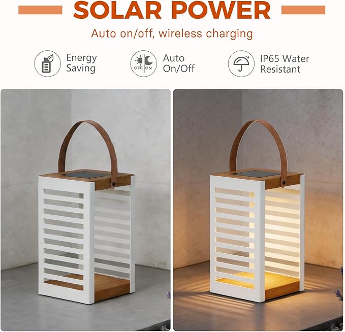 Solar Yard Outdoor Solar Lanterns, Solar Lamp Decorative Outdoor Water-Resistant Steel Table Decor with Handle for Patio, Yard, Porch, Small White
