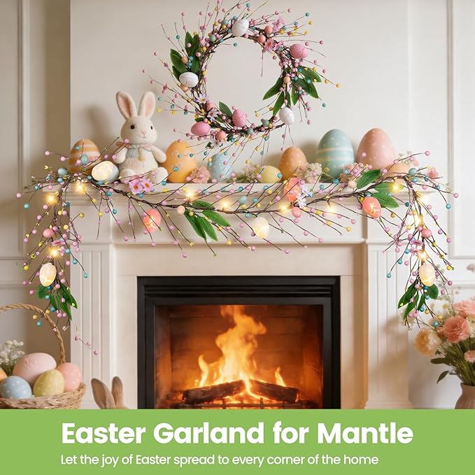 6 FT Pre-Lit Easter Garland with 20 LED Lights & 8 Mode Timer, Mixed Pastel Easter Pip Berry Spring Galand for Mantle Decorations, Lighted Artificial Easter Egg Garland for Fireplace Table Holiday
