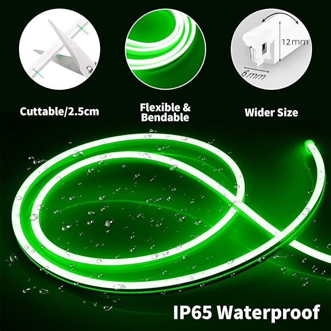 iNextStation 12V Green LED Strip Lights 16.4FT, Flexible Silicone Neon Rope Light with Power Adapter, Waterproof, Cuttable, Dimmable & Linkable, LED Lights Strip for Bedroom, Kitchen(with Plug)