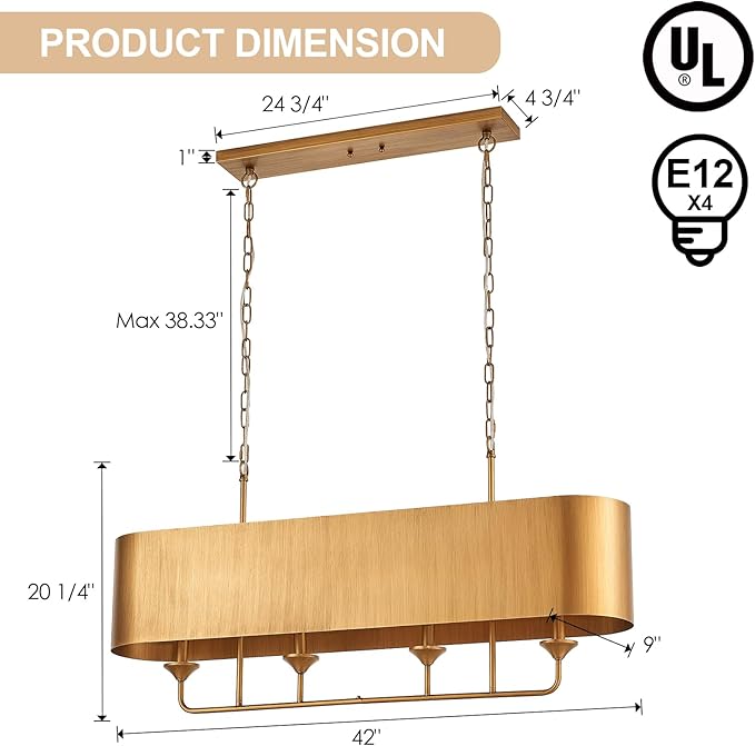 42” Brass Metal Linear Chandelier 4-Lights Adjustable Modern Industrial Pendant Light for Kitchen Island Dining Room Living Room, UL Listed